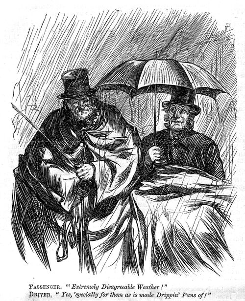 Carriage driver geting dripped on from passenger's umbrella