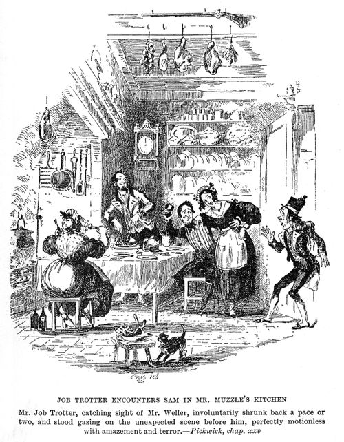 Job Trotter encounters Sam in Mr. Muzzle's kitchen