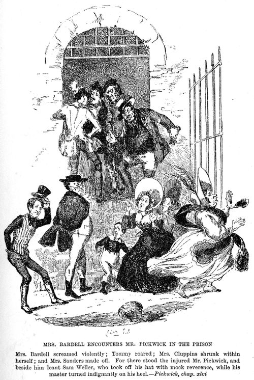 Mrs. Bardell encounters Mr. Pickwick in the prison