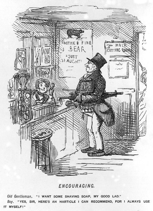 Boy recommending a shaving soap to an older man