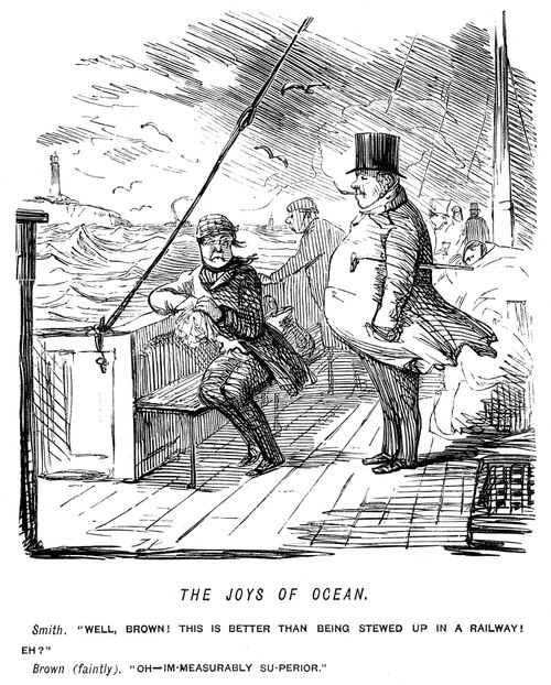 Seasick man and friend comparing boat travel to railway travel