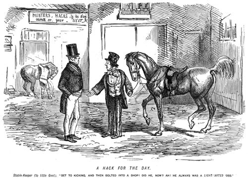 Man returning hired horse which bolted into a shop