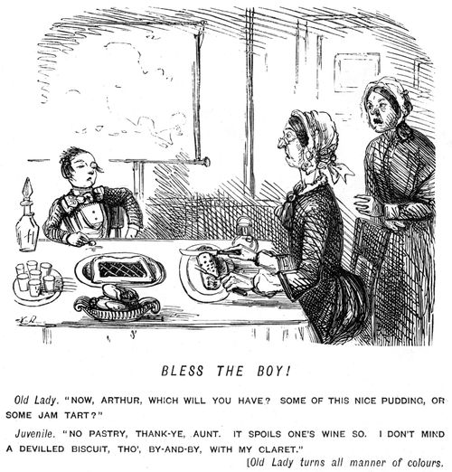Boy turning down pudding because it spoils his wine