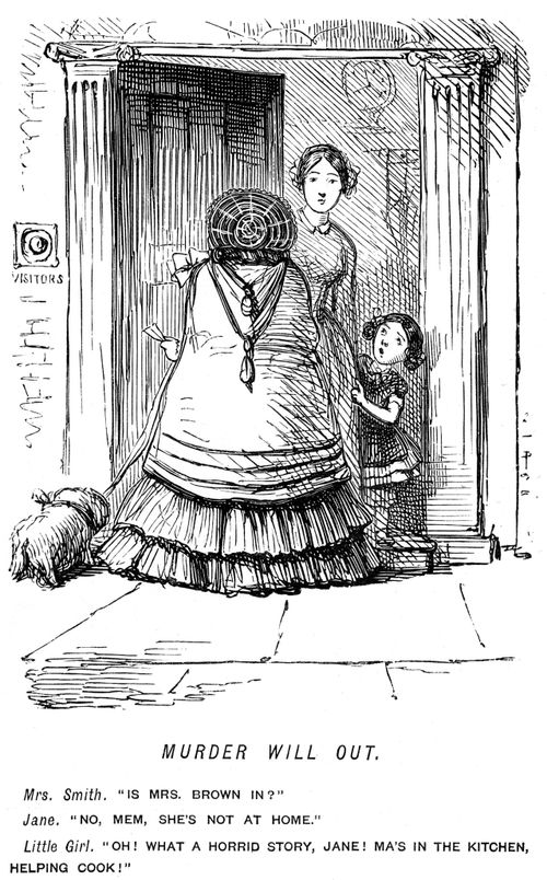 Servant telling a visitor that the mistress isn't in and a girl revealing the truth
