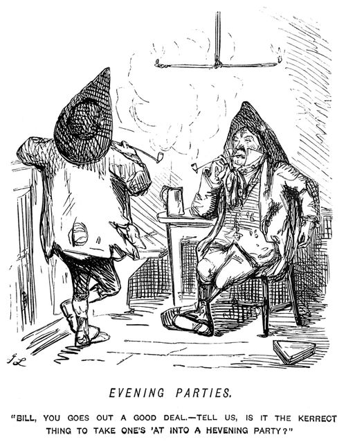 Scruffy looking man asking whether one should take one's hat into an evening party