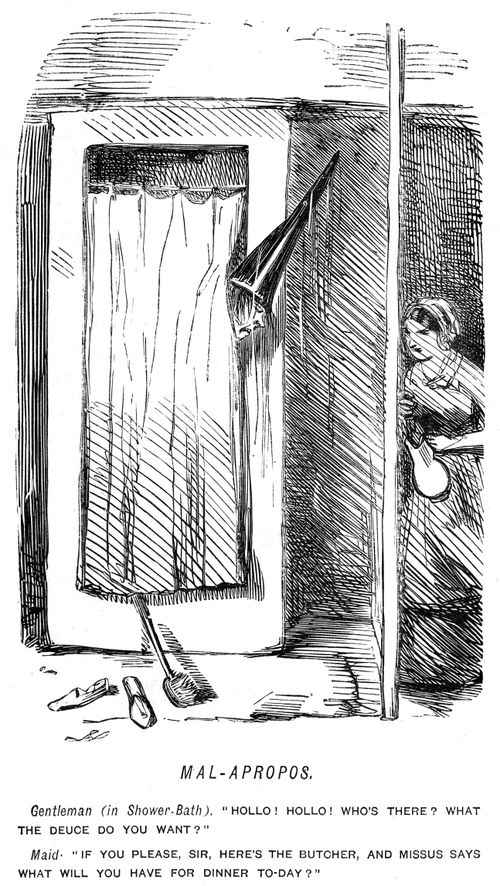 Man in the shower-bath when the butcher calls