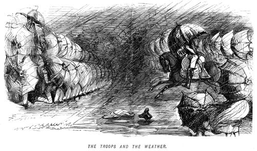 Troops with umbrellas in wet weather