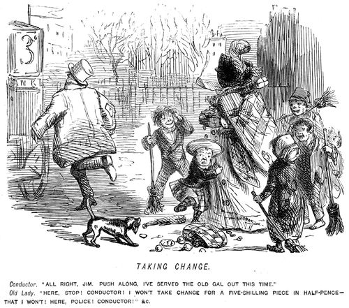 Omnibus conductor gives lady change for a five shilling piece in half pennies