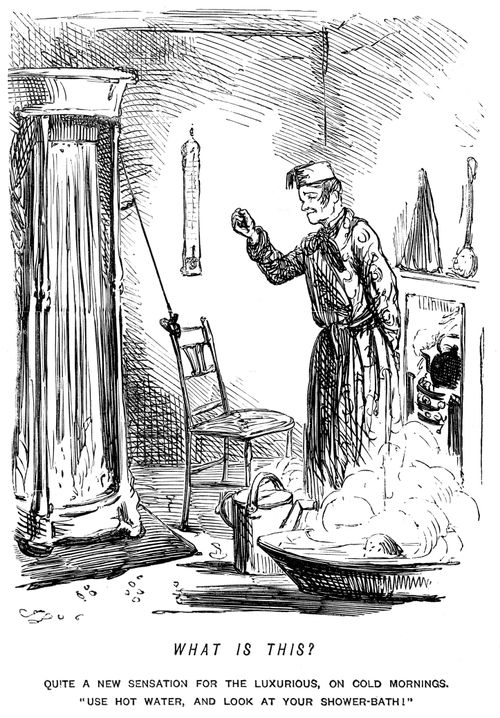 Man looking at his shower-bath on a cold morning