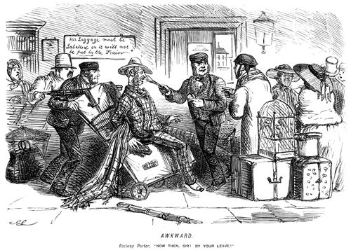 Railway porter poking a man with a paintbrush at a crowded station