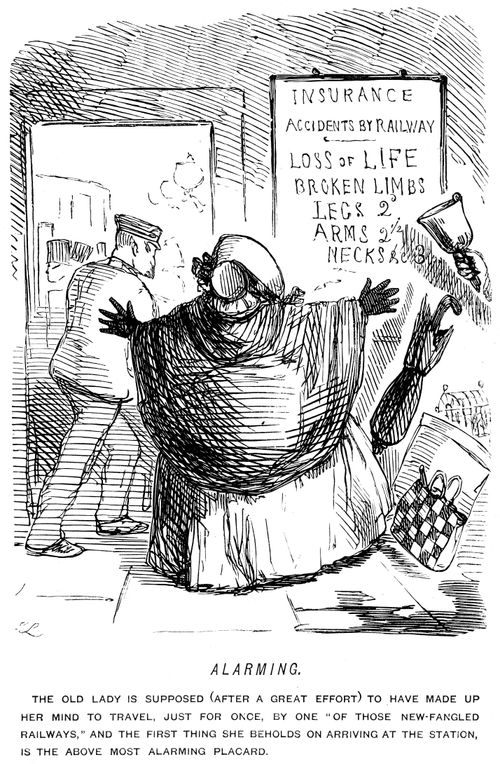 Woman alarmed by a poster offering insurance for 'accidents by railway'