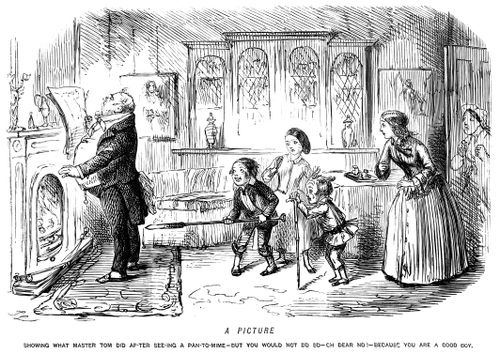 Boy about to poke a man from behid with a stick after having seen a pantomime