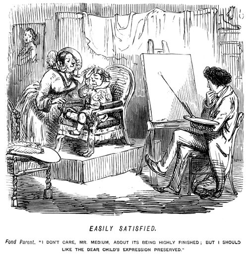 Child having his portrait painted and mother asking for his expression to be preserved