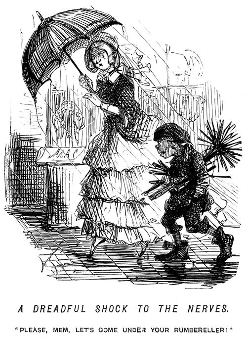 Chimney sweep asking for shelter under a lady's umbrella