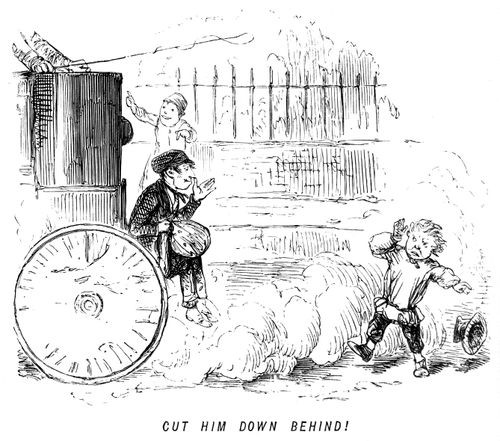 Carriage throws dust into a boy's face