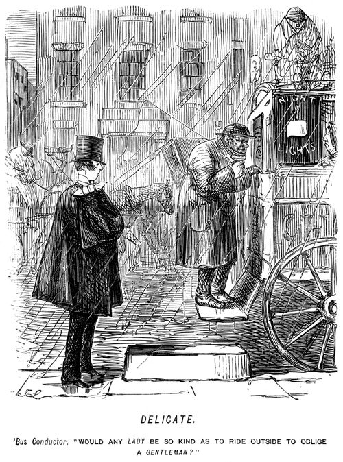 Omnibus conducter asking if any lady would sit outside to make room for a gentleman