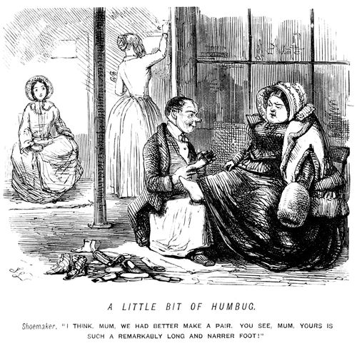 Shoe maker telling a woman she has an unusual shaped foot so he can make her a pair of shoes