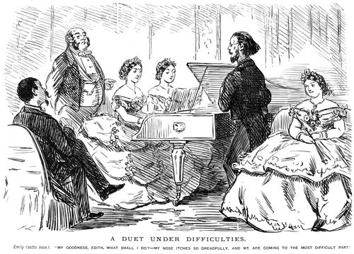 Two women playing the piano for some guests