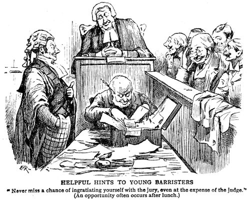 Barrister pointing out dozing judge to the jury