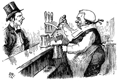 Barrister 'at the bar' serving beer
