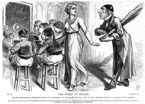 Gladstone wishing to punish Turkey whilst the Conservative government wishes to allow them to learn