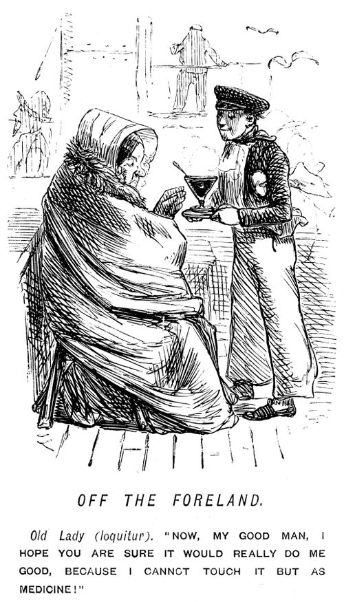 Sailor offering lady a drink which she will only accept as medicine,