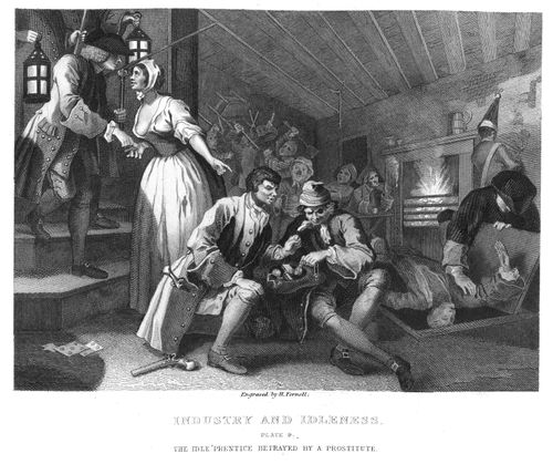 Industry and Idleness - The idle apprentice betrayed by a prostitute.