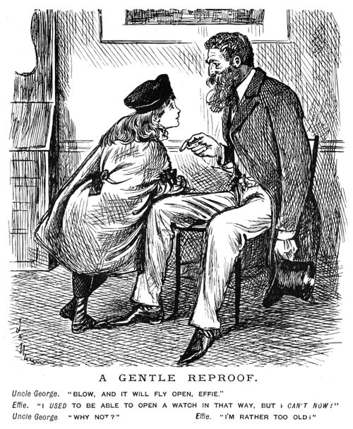 A man helping his niece to open her watch
