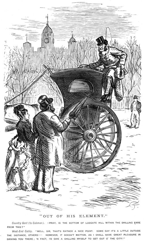 A couple negotiating a fare with a cab driver.