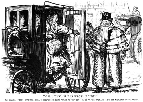 A group of ladies fearful to leave their cab as the cabman has mistletoe on his hat