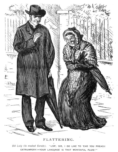 An old lady complementing a curate on his speaking skills