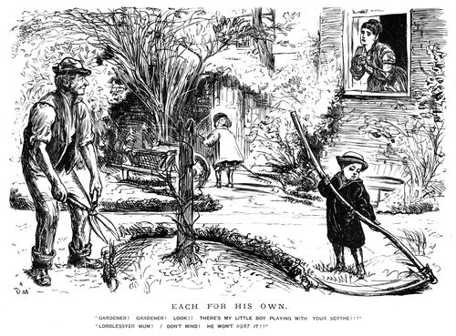 A young boy playing with a scythe