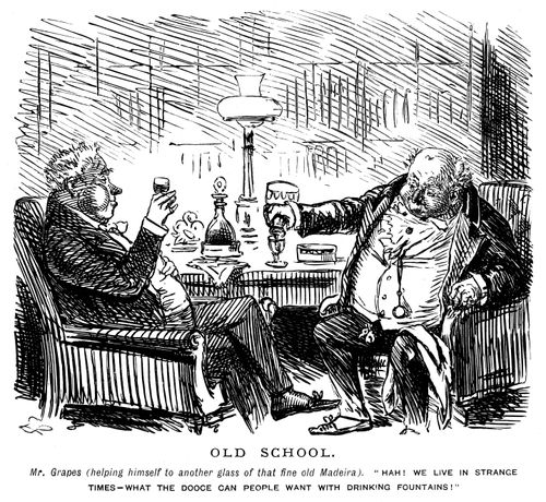 Two upper class gentlemen discussing drinking fountains