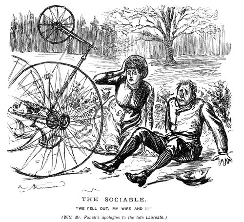 A husband and wife who have fallen off of their bicycle