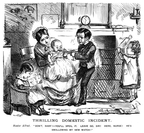 A baby biting a boys wristwatch