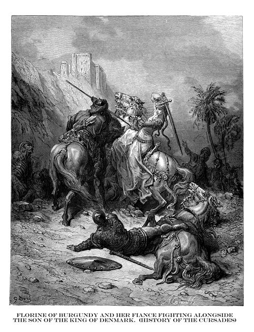 Florine of Burgandy and her Fiance Fighting Alongside the Son of the King of Denmark (History of the Crusades).