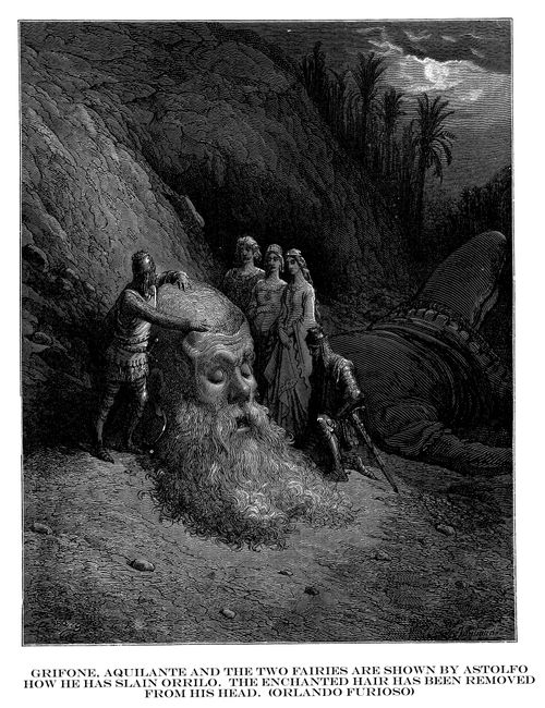 Brifone, Aquilante and the Two Fairies are Shown By Astolfo How He Has Slain Orrilo. The Enchanted Hair Has Been Removed From His Head.