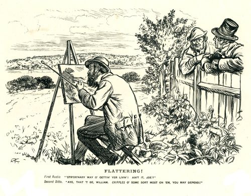 A Painter Paints A Landscape Observed By Two Locals.