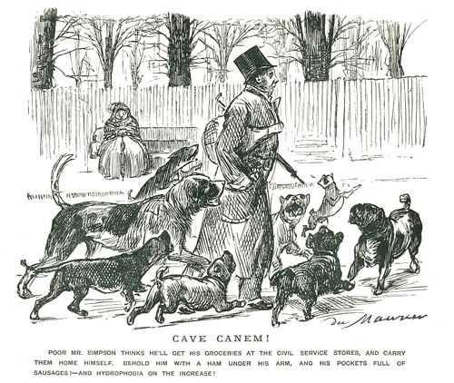 Man with meat getting chased by dogs