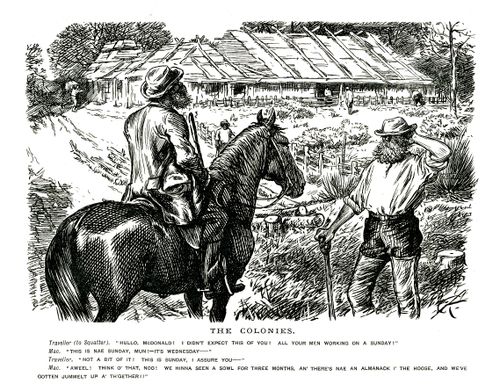 Traveler speaking to colonial plantation worker