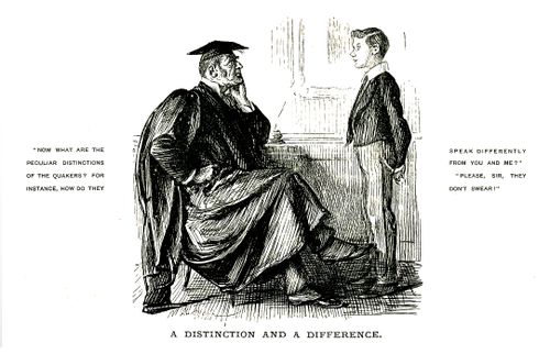 Schoolmaster asking a pupil about the Quakers