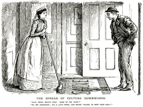 servants discuss the meaning of a word on a doormat
