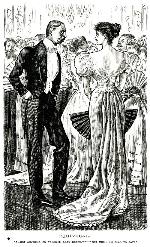 Man talking to lady with a low backed dress