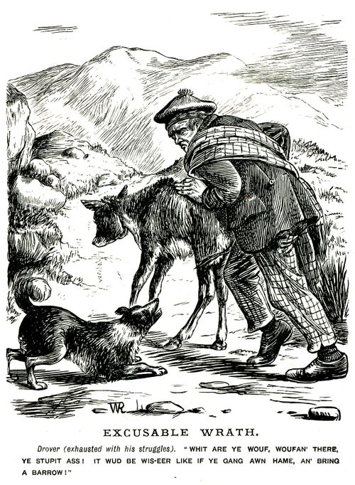 Man pushing his donkey along the road