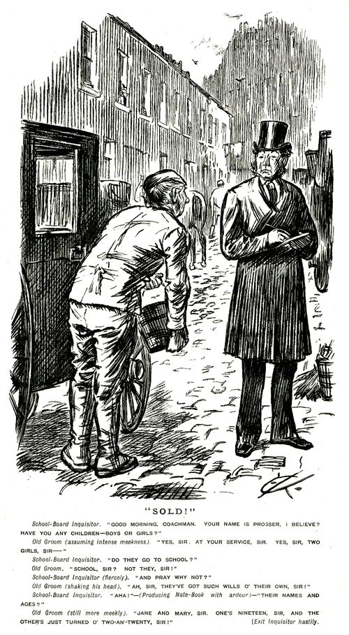 School board inquisitor asking a man if his children attend school