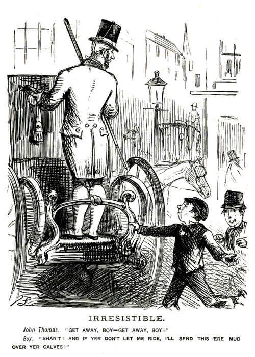 Boy throwing mud over a coachman's heels