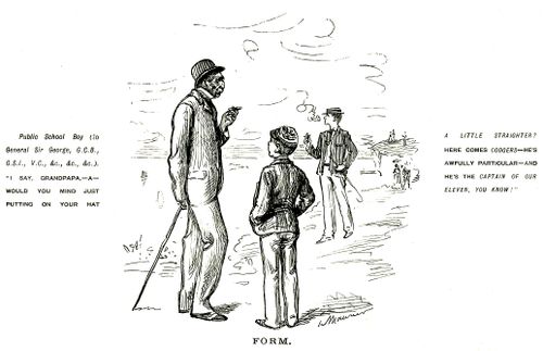 Schoolboy asking his gradfather to put his hat on straight in order to impress an older boy