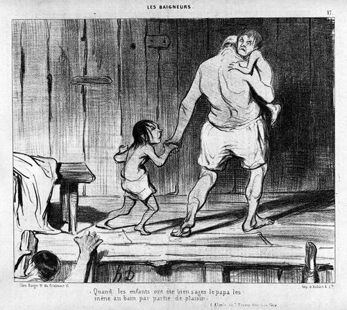 Father taking his children to the baths