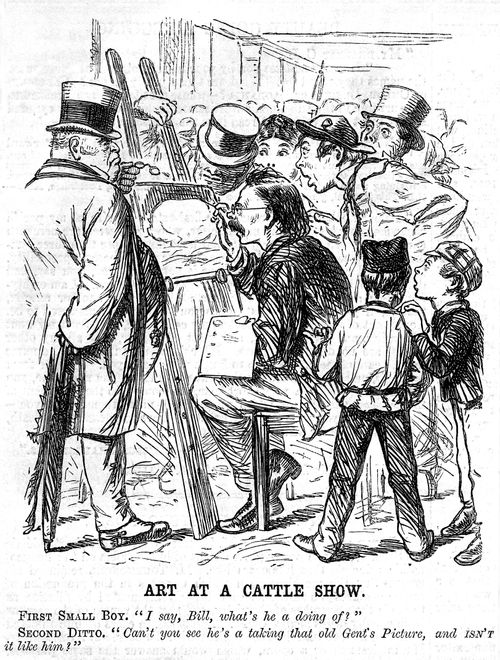 Man painting a pig at a cattle show whilst children say he is painting a fat gentleman