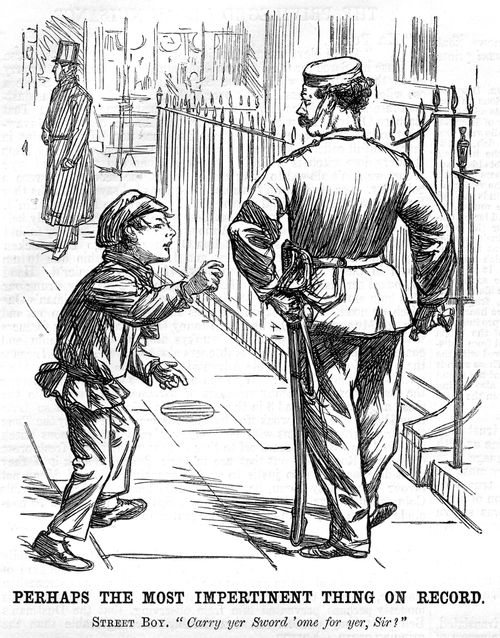 Street boy offering to carry a soldier's sword